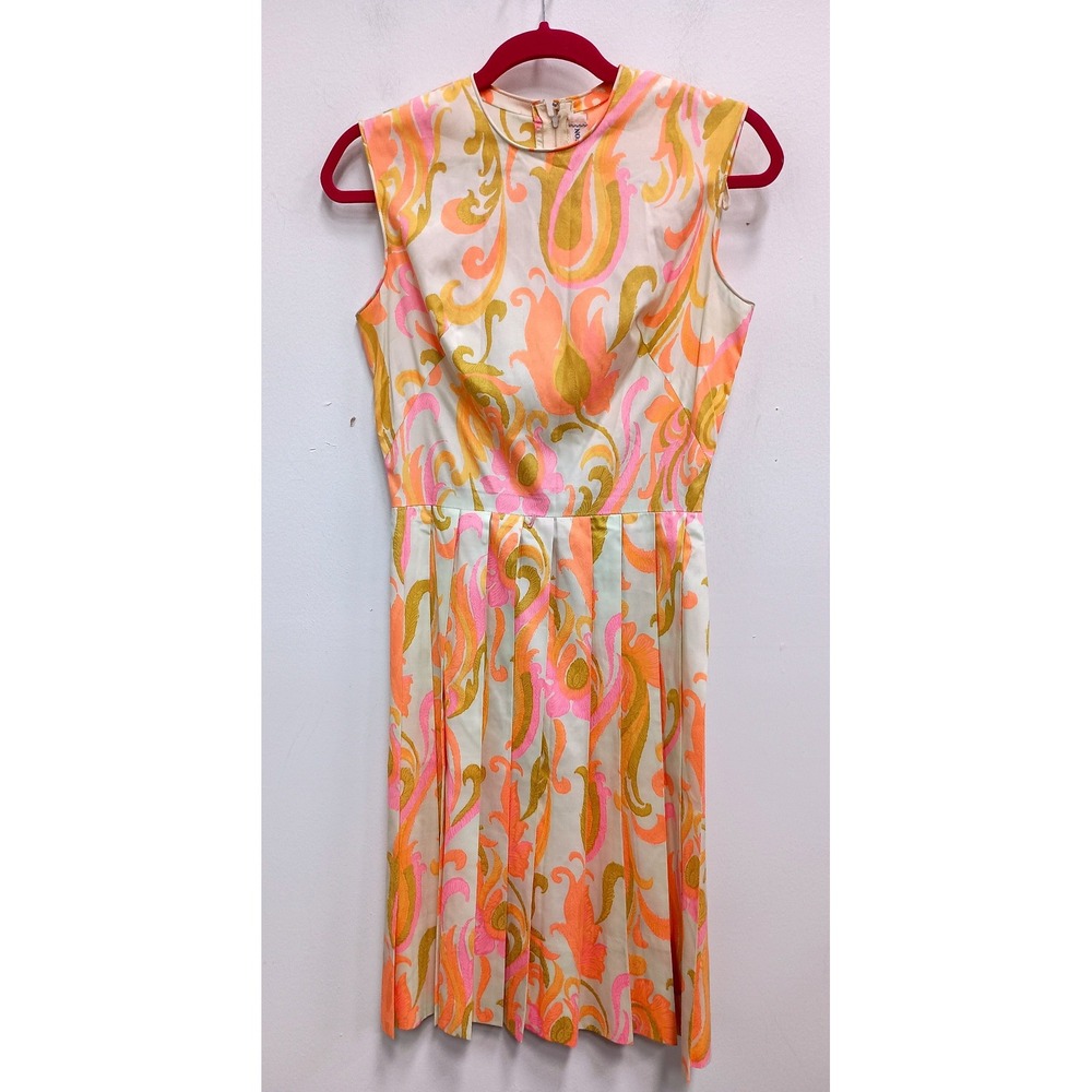 VTG Gay Gibson Dress Womens 4 Pink Orange Floral Psychedelic Sleeveless‎ Pleated